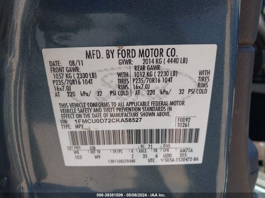 2012 Ford Escape Xlt VIN: 1FMCU0D72CKA58527 Lot: 39381509