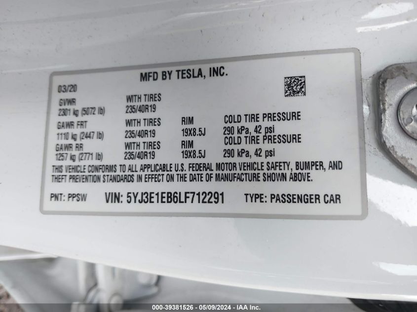 VIN 5YJ3E1EB6LF712291 2020 TESLA MODEL 3 LONG RANGE DUAL MOTOR ALL-WHEEL DRIVE