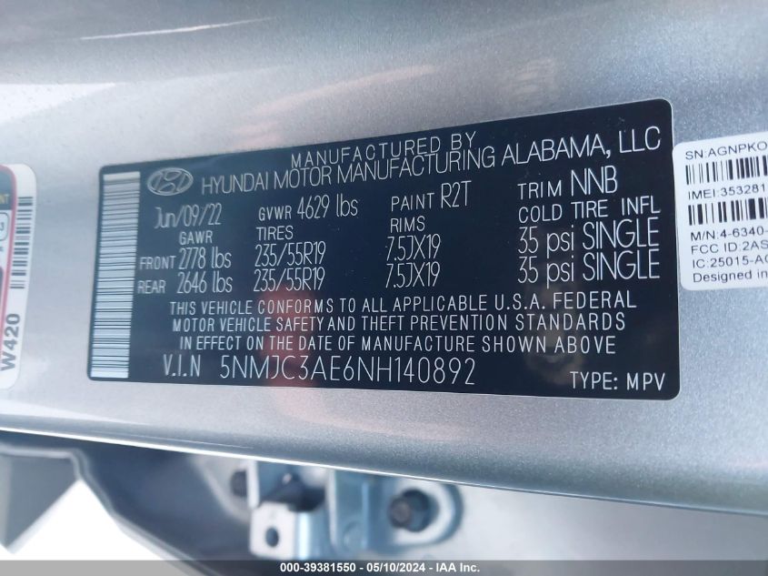 2022 Hyundai Tucson Sel VIN: 5NMJC3AE6NH140892 Lot: 39381550