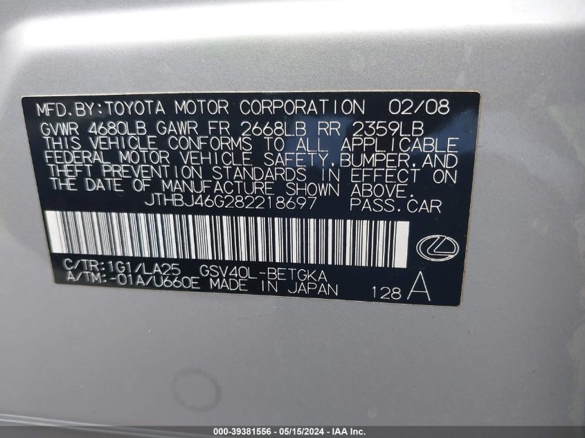 2008 Lexus Es 350 VIN: JTHBJ46G282218697 Lot: 39381556