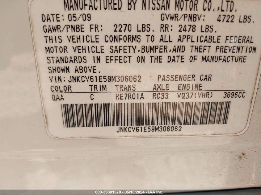 2009 Infiniti G37 Journey VIN: JNKCV61E59M306062 Lot: 39381578
