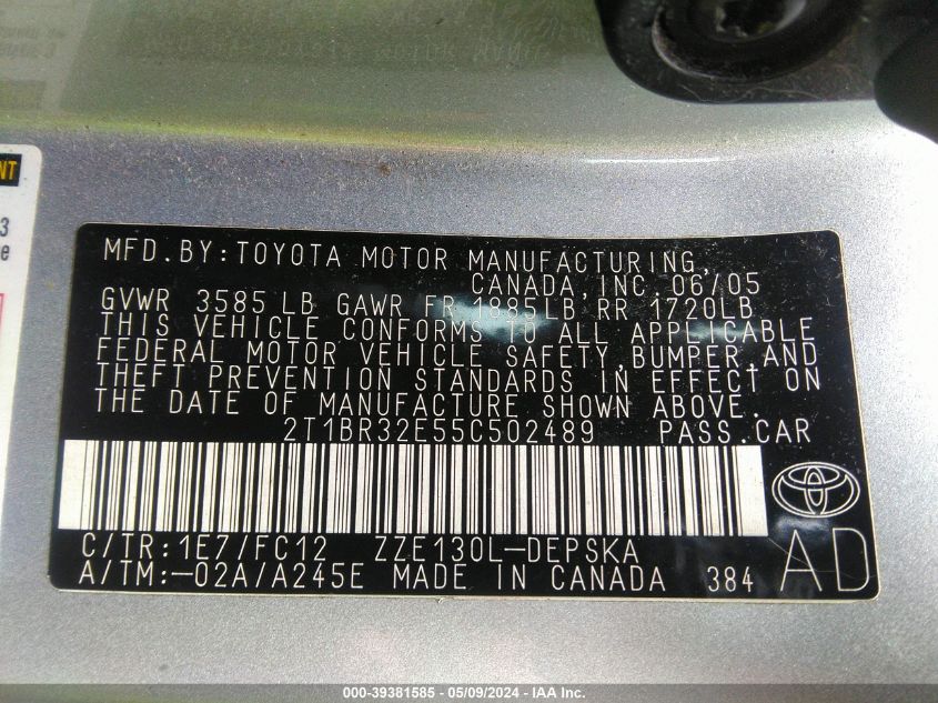 2005 Toyota Corolla S VIN: 2T1BR32E55C502489 Lot: 39381585