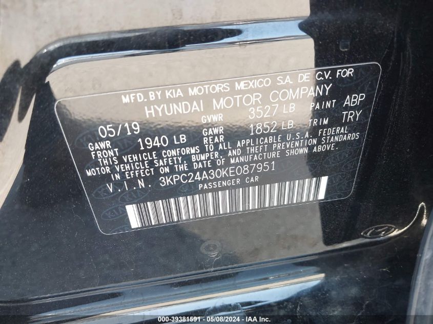 2019 Hyundai Accent Se VIN: 3KPC24A30KE087951 Lot: 39381591