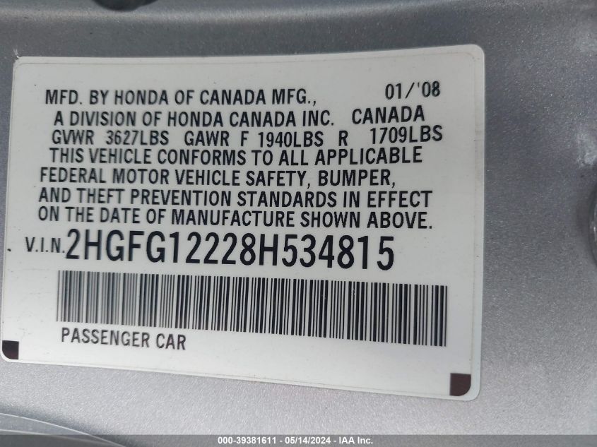 2008 Honda Civic Dx VIN: 2HGFG12228H534815 Lot: 39381611