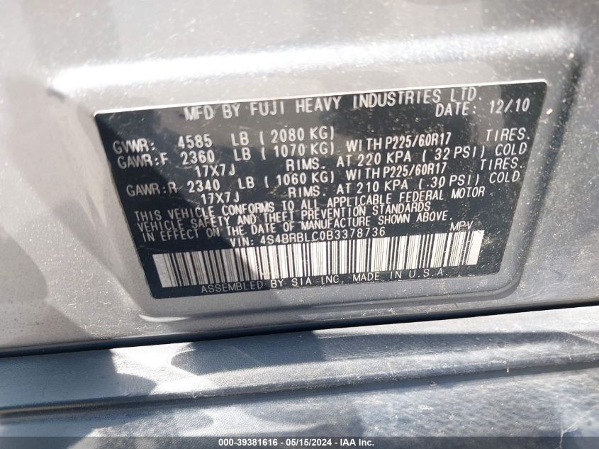 2011 Subaru Outback 2.5I Limited VIN: 4S4BRBLC0B3378736 Lot: 39381616