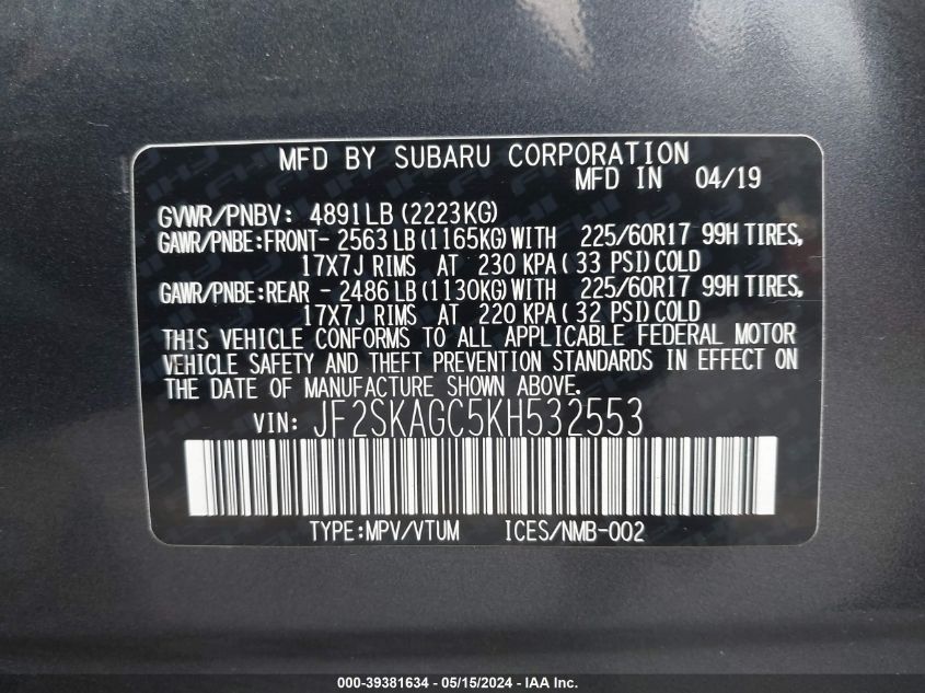 2019 Subaru Forester Premium VIN: JF2SKAGC5KH532553 Lot: 39381634