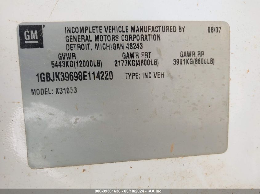 2008 Chevrolet Silverado 3500Hd Chassis Work Truck VIN: 1GBJK39698E114220 Lot: 39381638