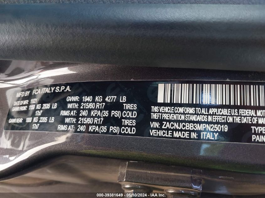 2021 Jeep Renegade Latitude Fwd VIN: ZACNJCBB3MPN25019 Lot: 39381649