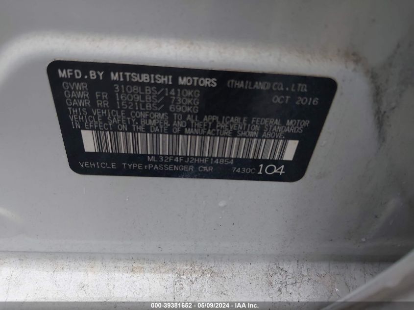 2017 Mitsubishi Mirage G4 Se VIN: ML32F4FJ2HHF14854 Lot: 39381652