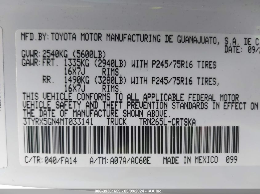 2021 Toyota Tacoma Sr VIN: 3TYRX5GN4MT033141 Lot: 39381659