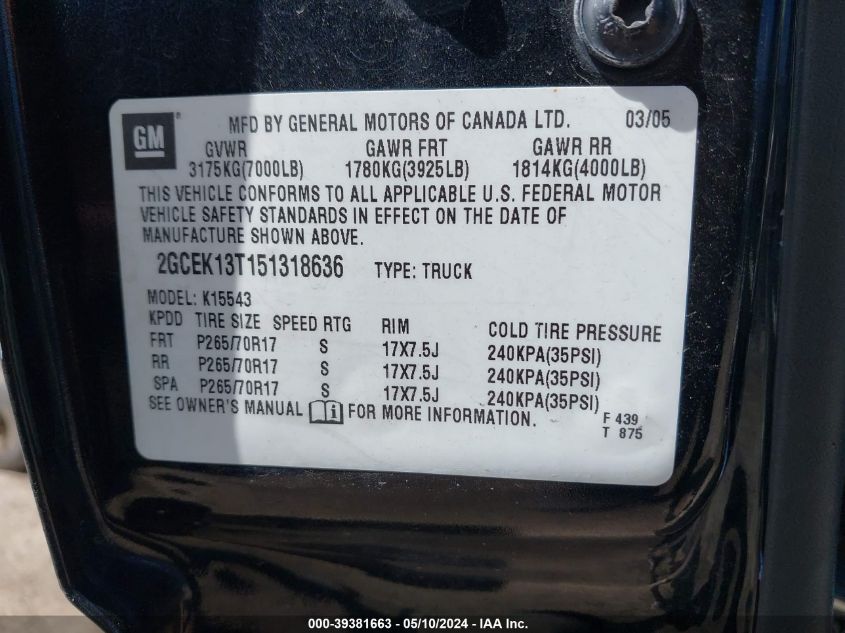 2005 Chevrolet Silverado 1500 Z71 VIN: 2GCEK13T151318636 Lot: 39381663