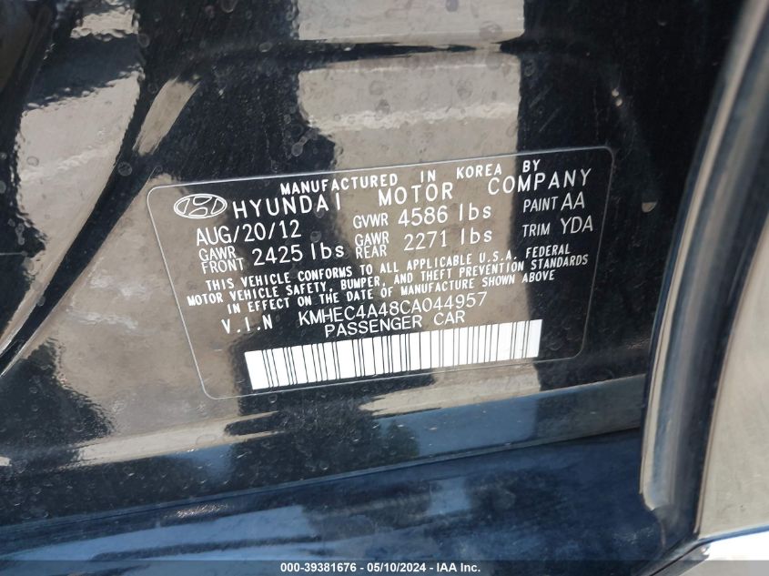 2012 Hyundai Sonata Hybrid VIN: KMHEC4A48CA044957 Lot: 39381676