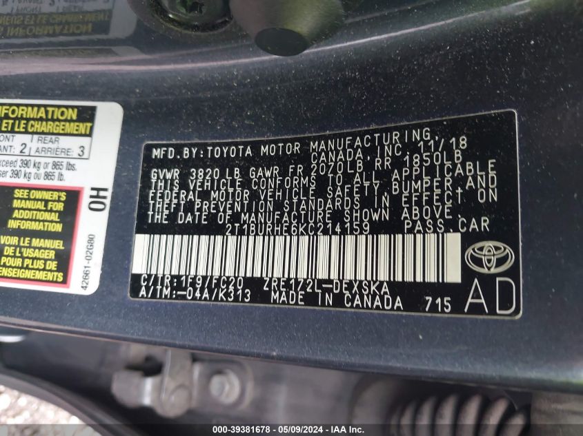 2019 TOYOTA COROLLA SE - 2T1BURHE6KC214159