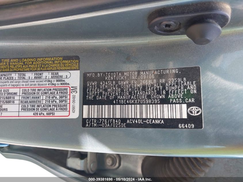 2007 Toyota Camry Le VIN: 4T1BE46KX7U598395 Lot: 39381698