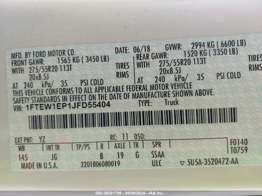 2018 Ford F-150 Xl VIN: 1FTEW1EP1JFD55404 Lot: 39381709