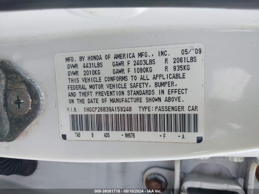 2009 Honda Accord 2.4 Ex-L VIN: 1HGCP26839A159248 Lot: 39381718