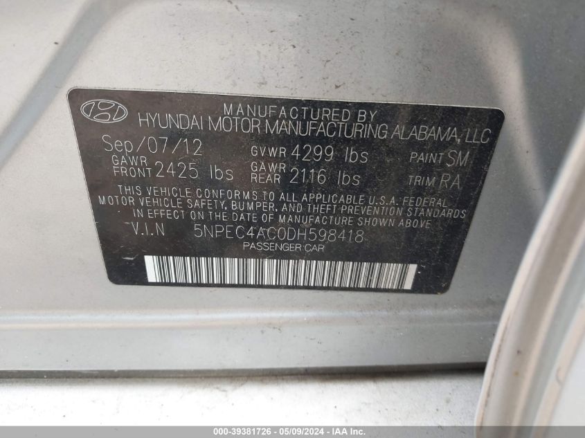 2013 Hyundai Sonata Se VIN: 5NPEC4AC0DH598418 Lot: 39381726