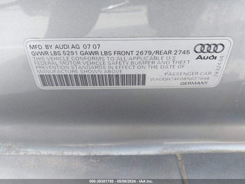 2008 Audi A6 3.2 VIN: WAUDH74F08N021668 Lot: 39381758