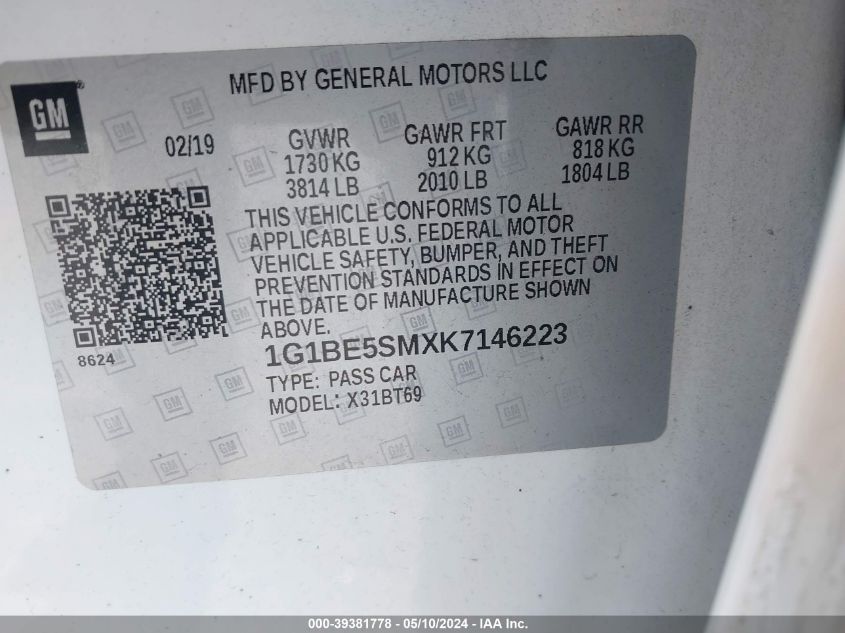 2019 Chevrolet Cruze Lt VIN: 1G1BE5SMXK7146223 Lot: 39381778