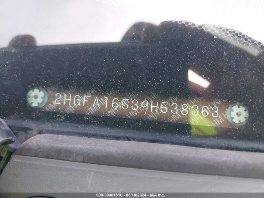 2009 Honda Civic Lx VIN: 2HGFA16539H538363 Lot: 39381810