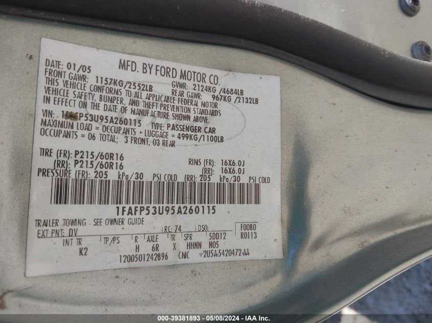 1FAFP53U95A260115 2005 Ford Taurus Se