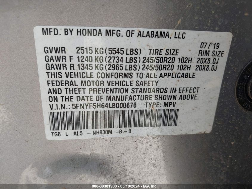 2020 Honda Pilot 2Wd Touring 7 Passenger VIN: 5FNYF5H64LB000676 Lot: 39381900