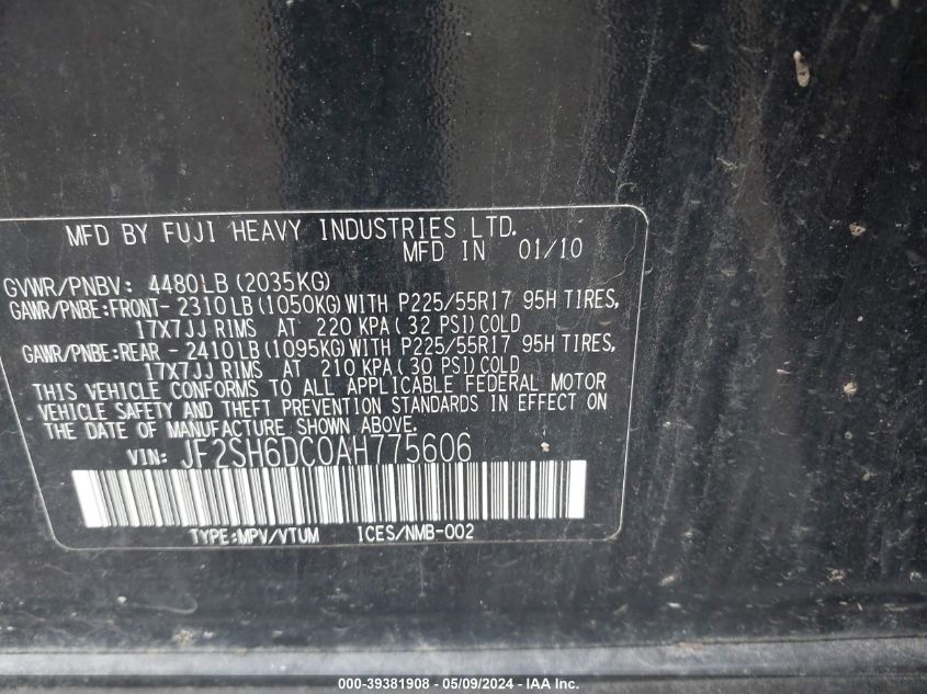 2010 Subaru Forester 2.5X Limited VIN: JF2SH6DC0AH775606 Lot: 39381908
