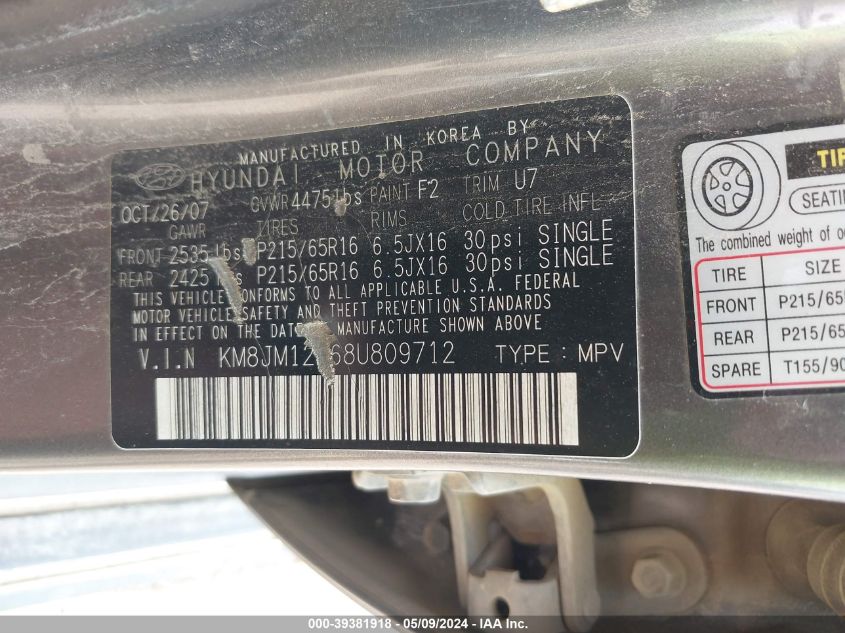 2008 Hyundai Tucson Gls VIN: KM8JM12B68U809712 Lot: 39381918