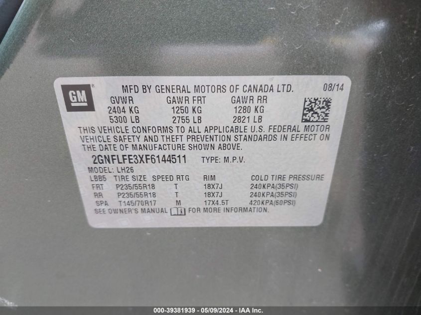 2015 Chevrolet Equinox 1Lt VIN: 2GNFLFE3XF6144511 Lot: 39381939