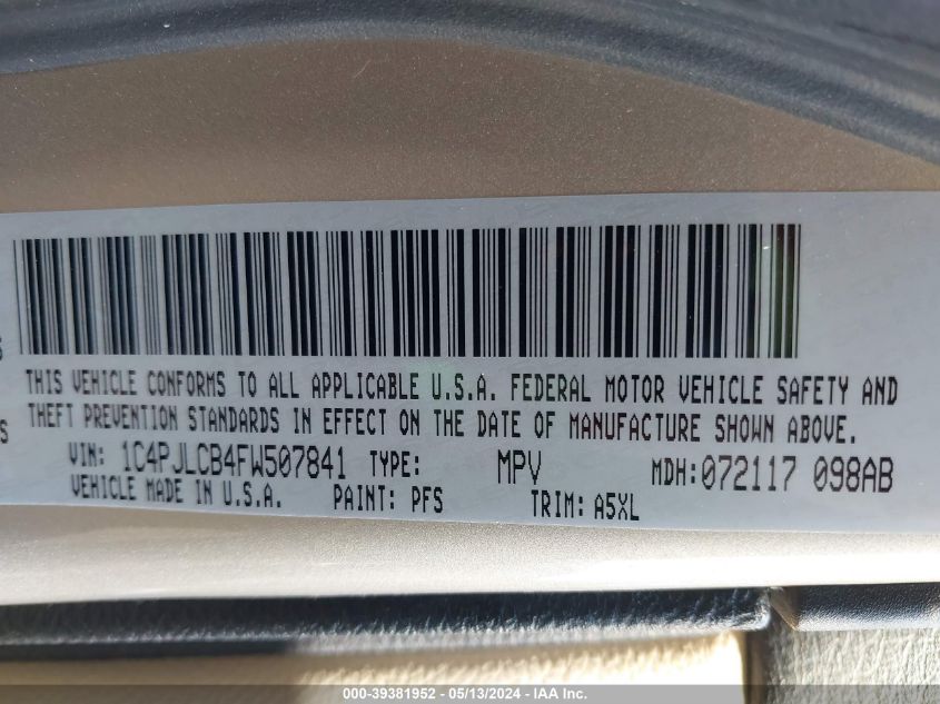 2015 Jeep Cherokee Latitude VIN: 1C4PJLCB4FW507841 Lot: 39381952