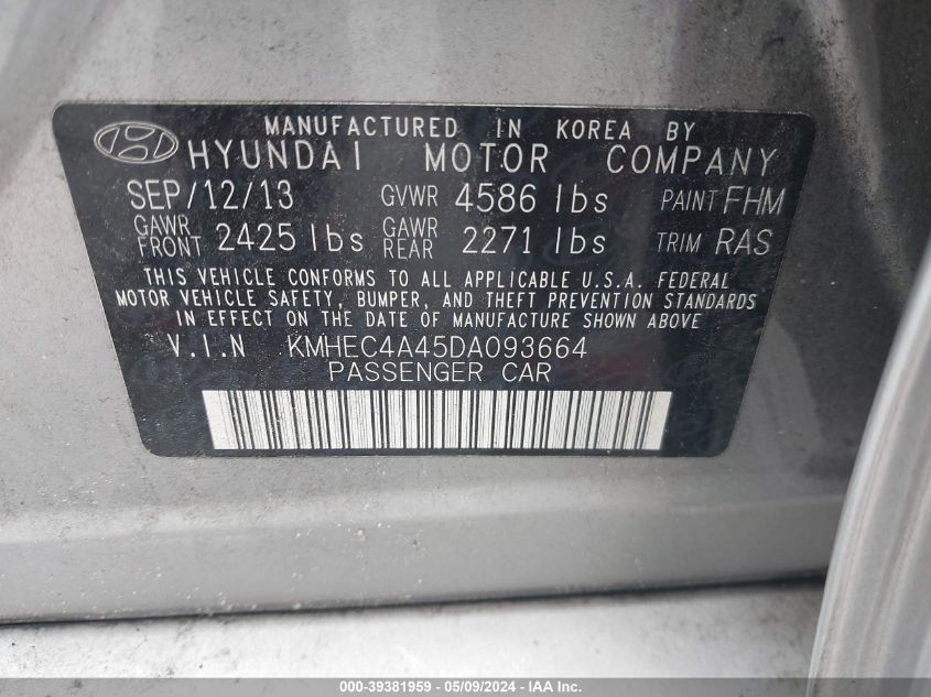 2013 Hyundai Sonata Hybrid VIN: KMHEC4A45DA093664 Lot: 39381959