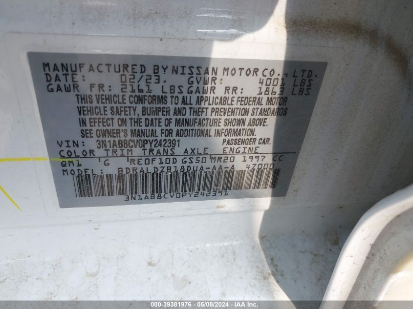 2023 Nissan Sentra Sv Xtronic Cvt VIN: 3N1AB8CV0PY242391 Lot: 39381976