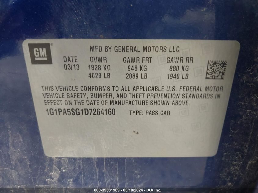 2013 Chevrolet Cruze Ls Auto VIN: 1G1PA5SG1D7264160 Lot: 39381989