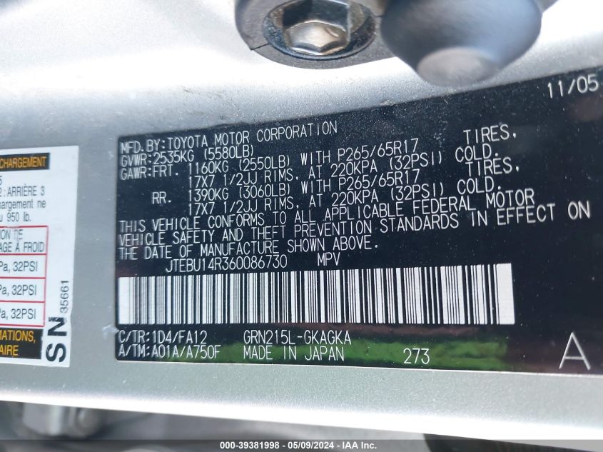 2006 Toyota 4Runner Sr5 V6 VIN: JTEBU14R360086730 Lot: 39381998