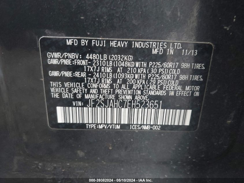 2014 SUBARU FORESTER 2.5I LIMITED - JF2SJAHC7EH523651