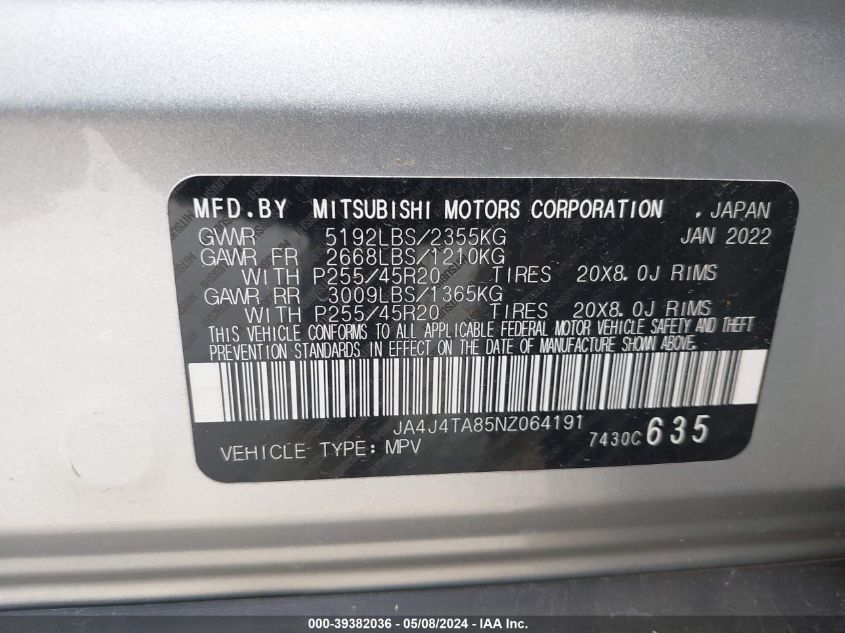 2022 Mitsubishi Outlander Es 2.5 S-Awc VIN: JA4J4TA85NZ064191 Lot: 39382036