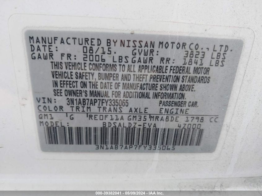 2015 Nissan Sentra Sv VIN: 3N1AB7AP7FY335065 Lot: 39382041