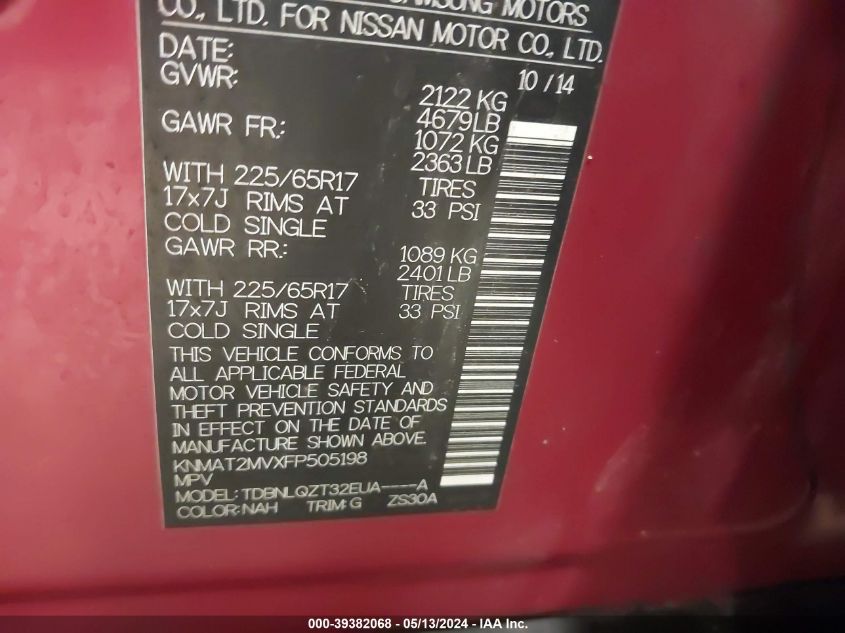 2015 Nissan Rogue Sv VIN: KNMAT2MVXFP505198 Lot: 39382068