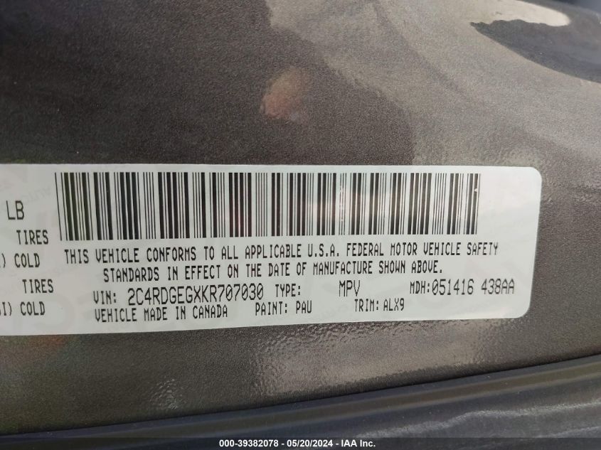 2019 Dodge Grand Caravan Gt VIN: 2C4RDGEGXKR707030 Lot: 39382078