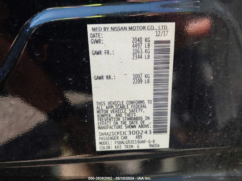 2018 Nissan Leaf Sl VIN: 1N4AZ1CP3JC300243 Lot: 39382082