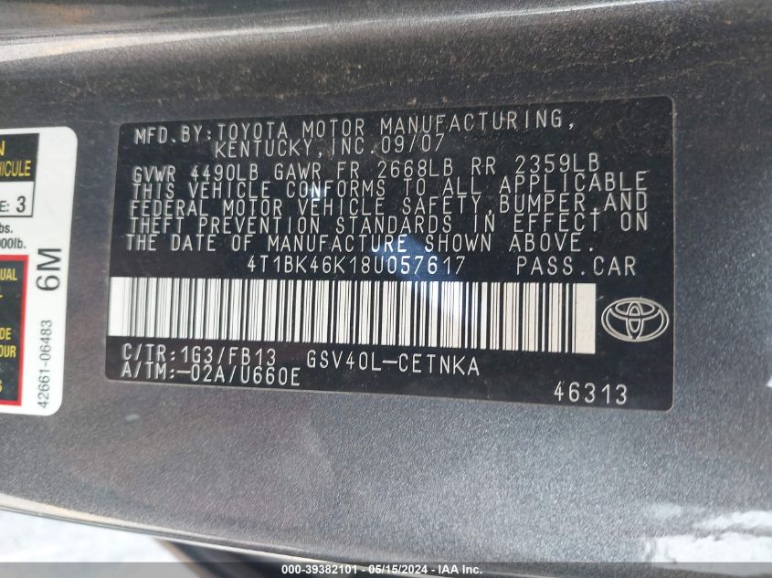 2008 Toyota Camry Le V6 VIN: 4T1BK46K18U057617 Lot: 39382101