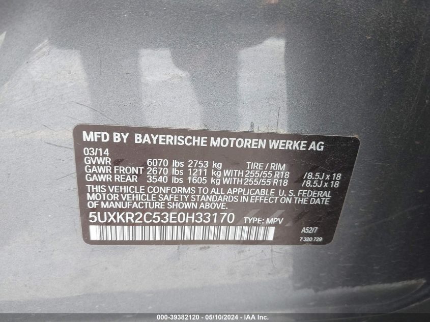2014 BMW X5 Sdrive35I VIN: 5UXKR2C53E0H33170 Lot: 39382120