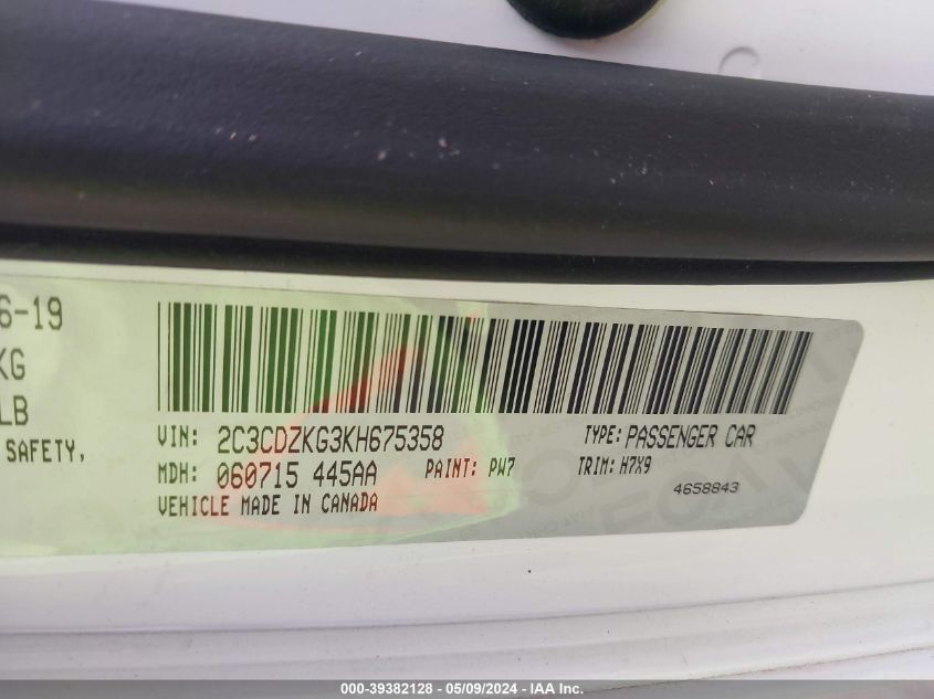 2019 Dodge Challenger Gt Awd VIN: 2C3CDZKG3KH675358 Lot: 39382128