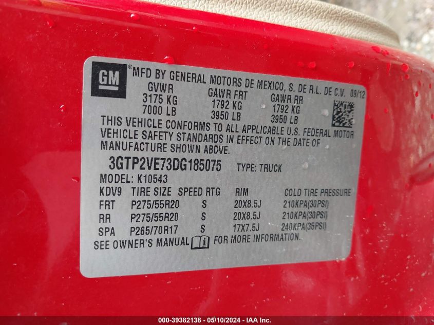 2013 GMC Sierra 1500 Sle VIN: 3GTP2VE73DG185075 Lot: 39382138