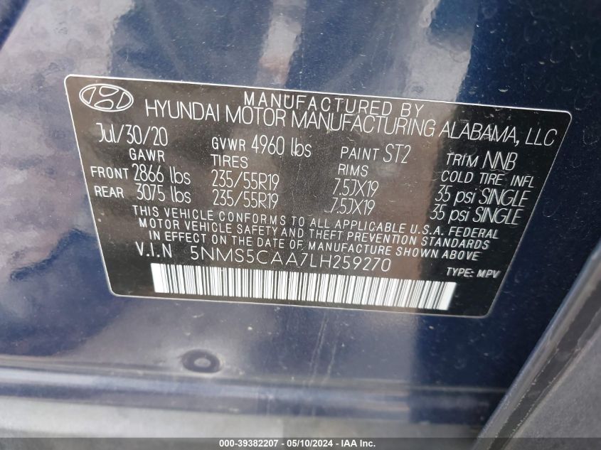 2020 Hyundai Santa Fe Limited 2.0T VIN: 5NMS5CAA7LH259270 Lot: 39382207