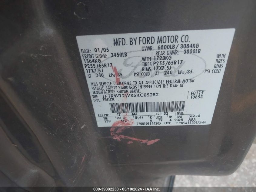 2005 Ford F-150 Xlt VIN: 1FTRW12WX5KC85282 Lot: 39382230