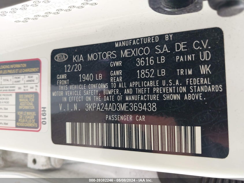 VIN 3KPA24AD3ME369438 2021 KIA RIO LX/S