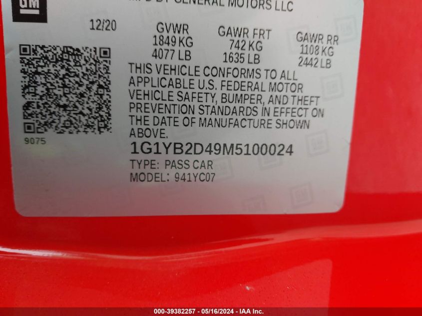 2021 Chevrolet Corvette Stingray Rwd 2Lt VIN: 1G1YB2D49M5100024 Lot: 39382257