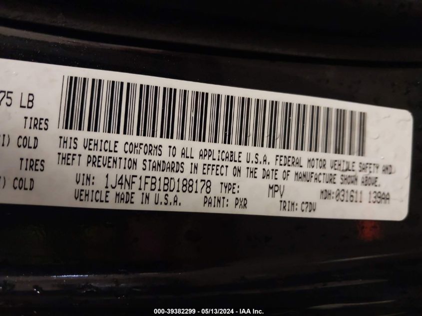 2011 Jeep Compass VIN: 1J4NF1FB1BD188178 Lot: 39382299