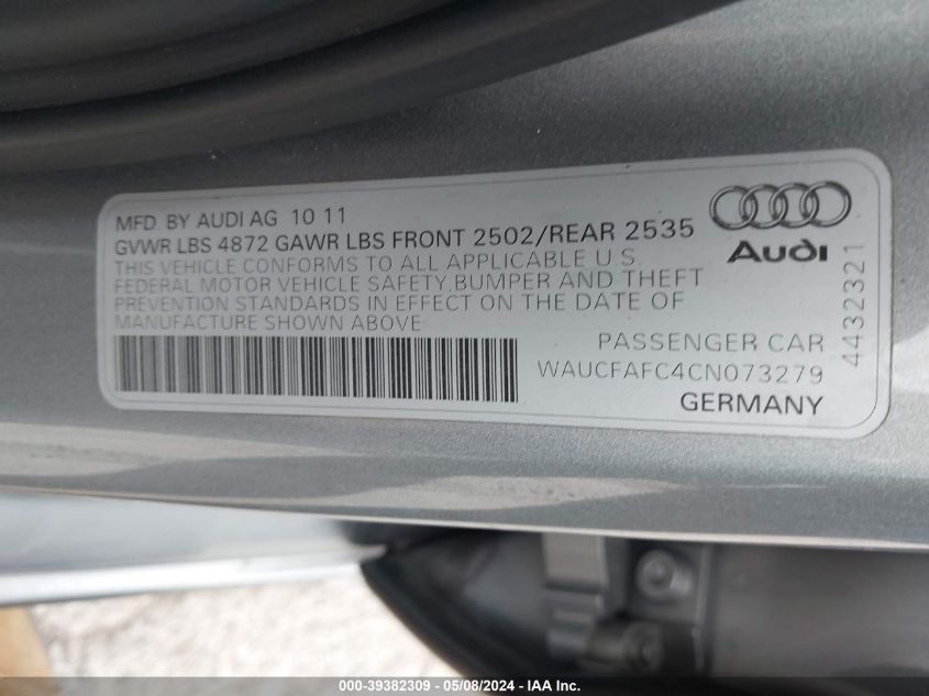 2012 Audi A6 2.0T Premium VIN: WAUCFAFC4CN073279 Lot: 39382309